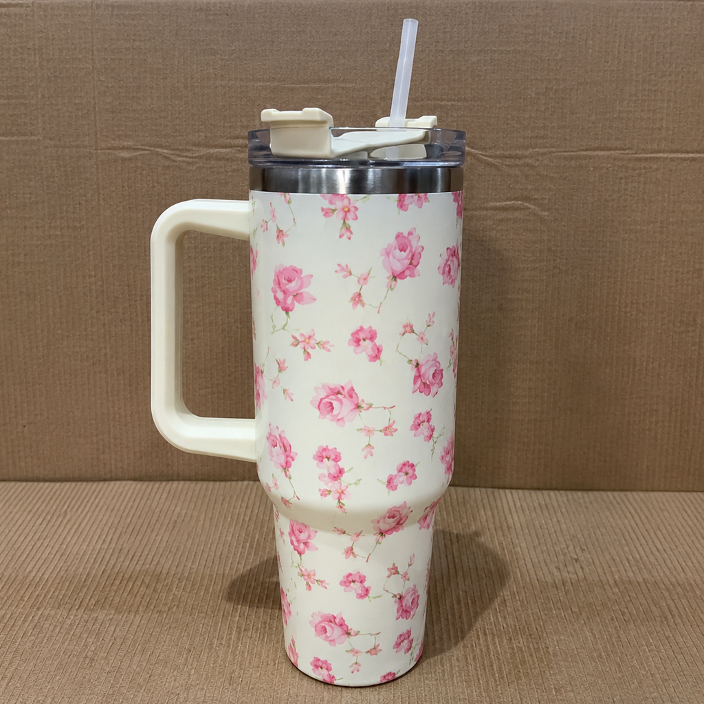 Cream Floral Insulated Tumbler with Handle & Straw (YM2151)