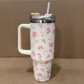 Cream Floral Insulated Tumbler with Handle & Straw (YM2151)