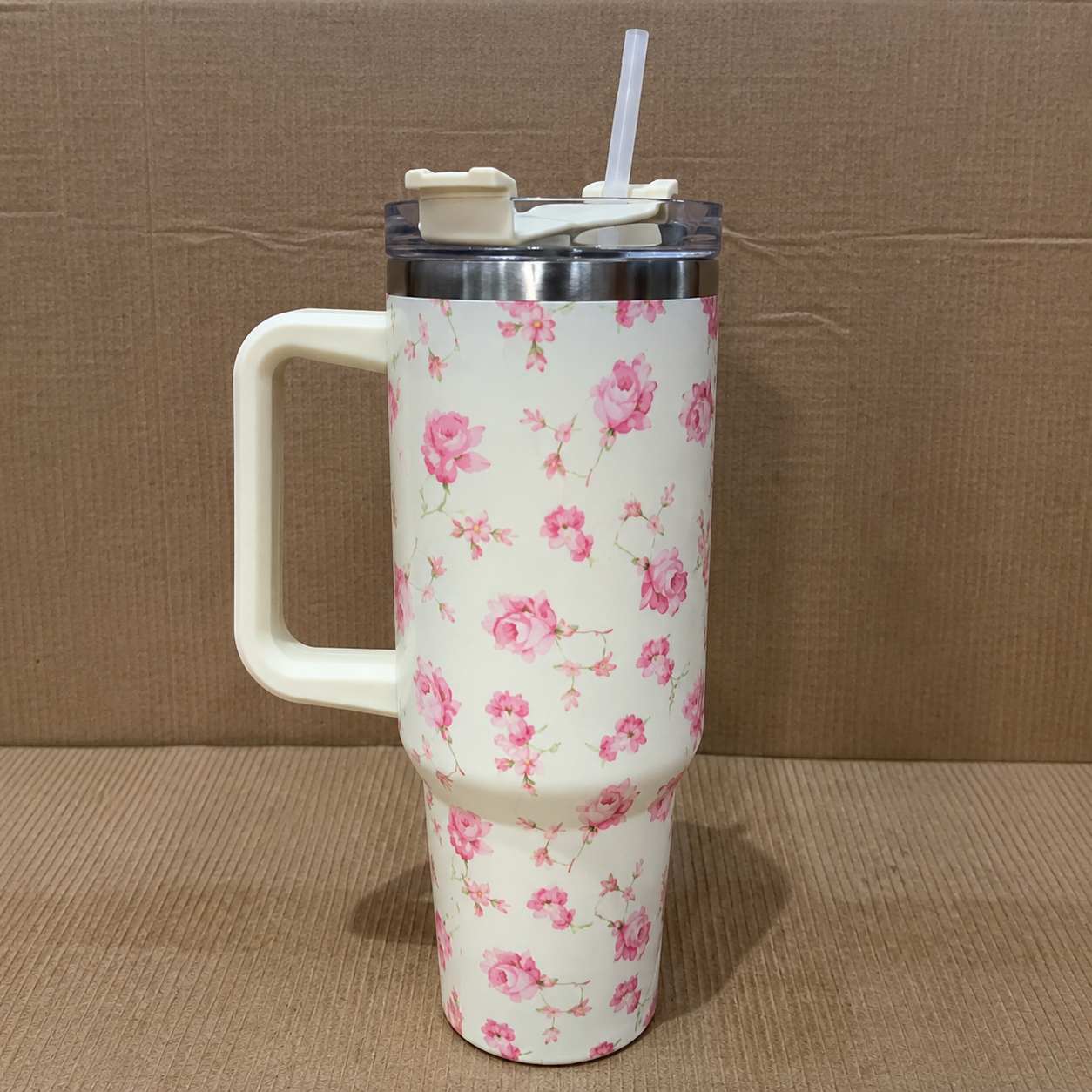 Cream Floral Insulated Tumbler with Handle & Straw (YM2151)