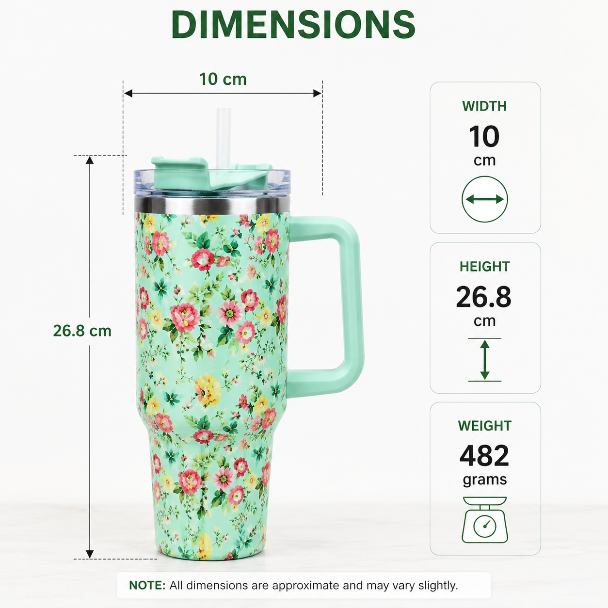 Green Floral Insulated Tumbler with Handle & Straw (YM2151)