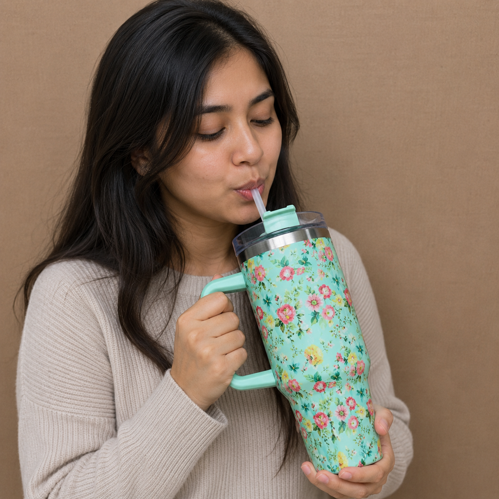 Green Floral Insulated Tumbler with Handle & Straw (YM2151)