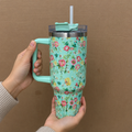 Green Floral Insulated Tumbler with Handle & Straw (YM2151)