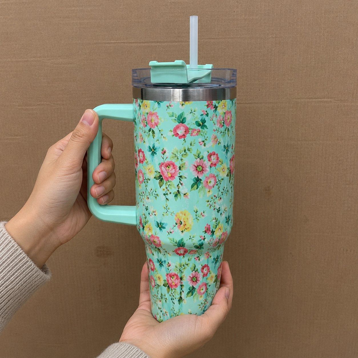 Green Floral Insulated Tumbler with Handle & Straw (YM2151)