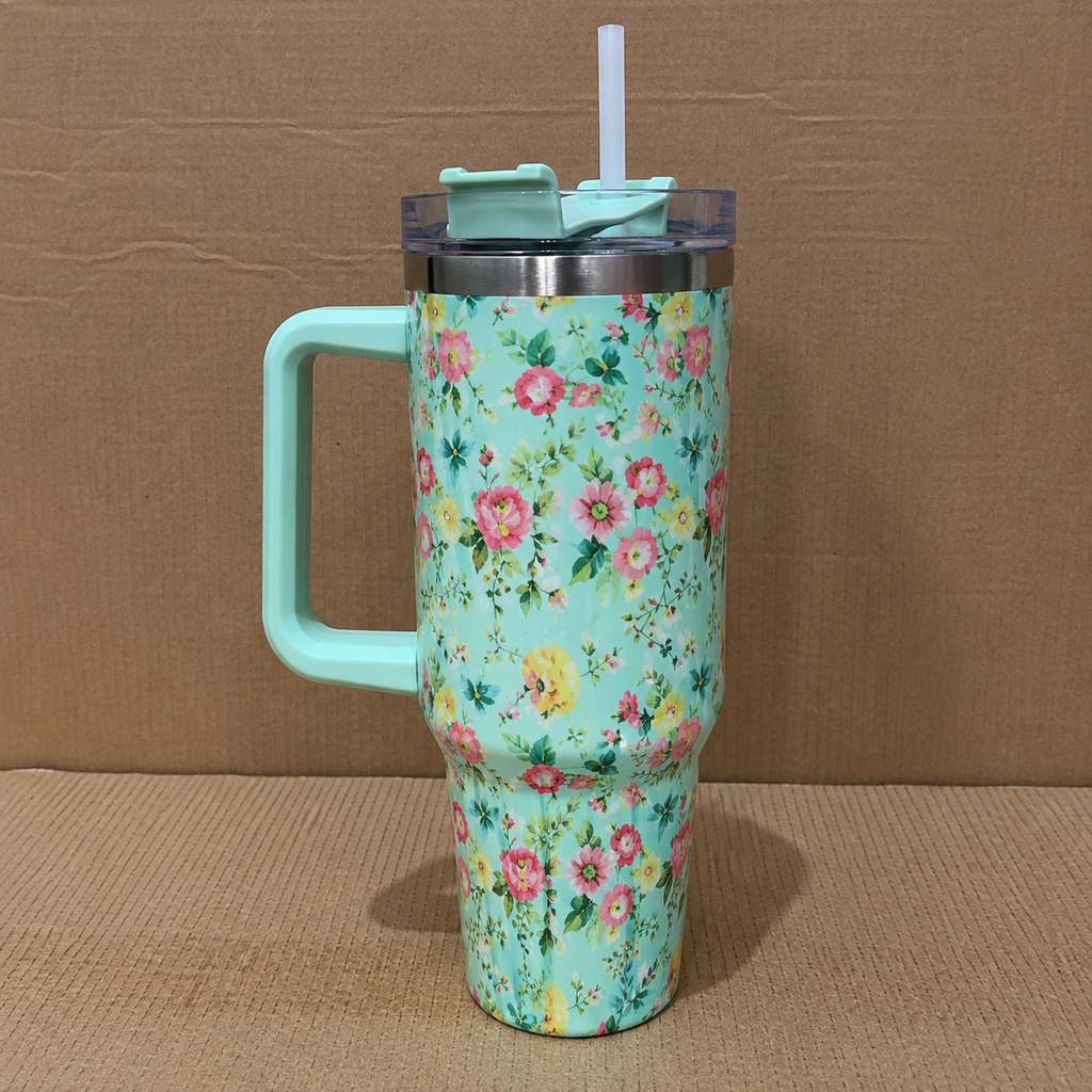 Green Floral Insulated Tumbler with Handle & Straw (YM2151)