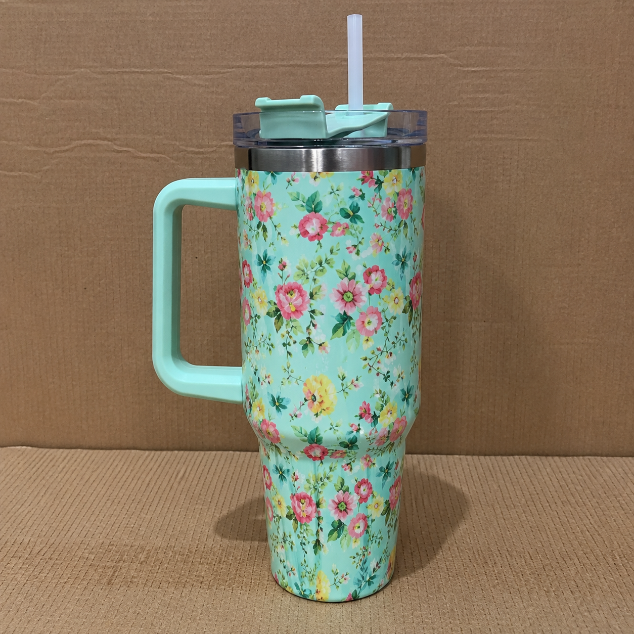 Green Floral Insulated Tumbler with Handle & Straw (YM2151)
