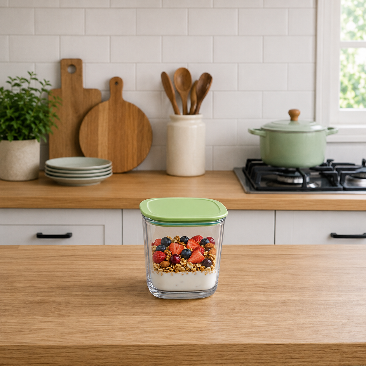 Square Airtight Food Storage Container with Green Lid (YM2136)