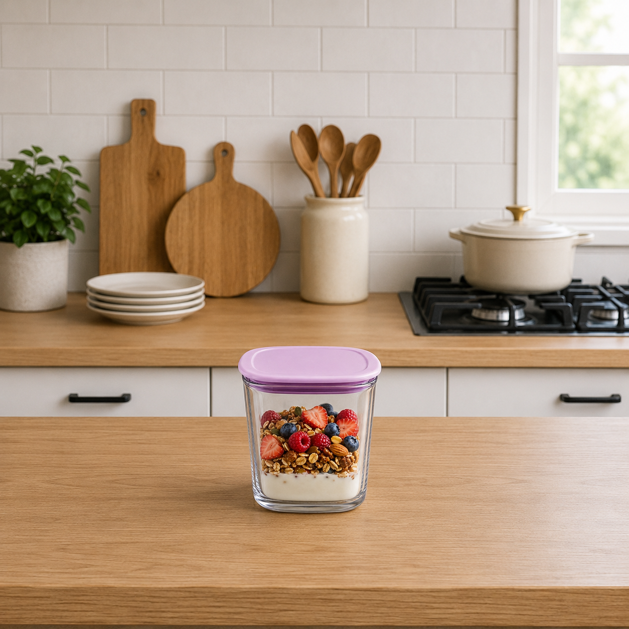 Square Airtight Food Storage Container with Pink Lid (YM2136)