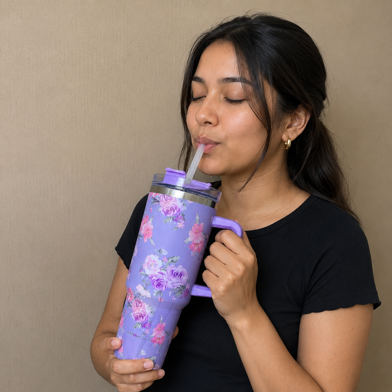 Purple Floral Insulated Tumbler with Handle & Straw (YM2151)