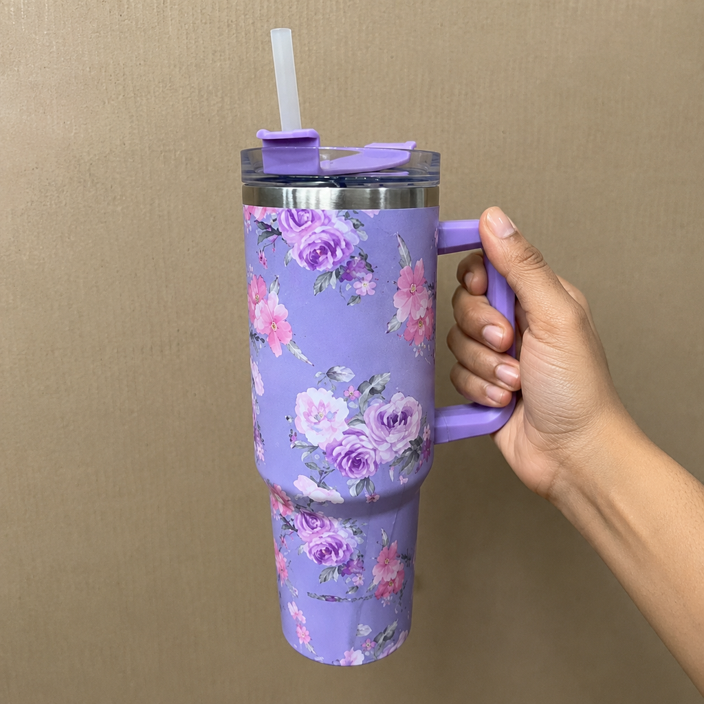 Purple Floral Insulated Tumbler with Handle & Straw (YM2151)