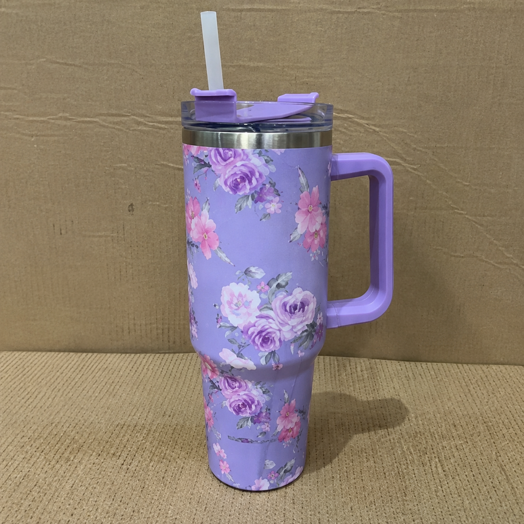 Purple Floral Insulated Tumbler with Handle & Straw (YM2151)