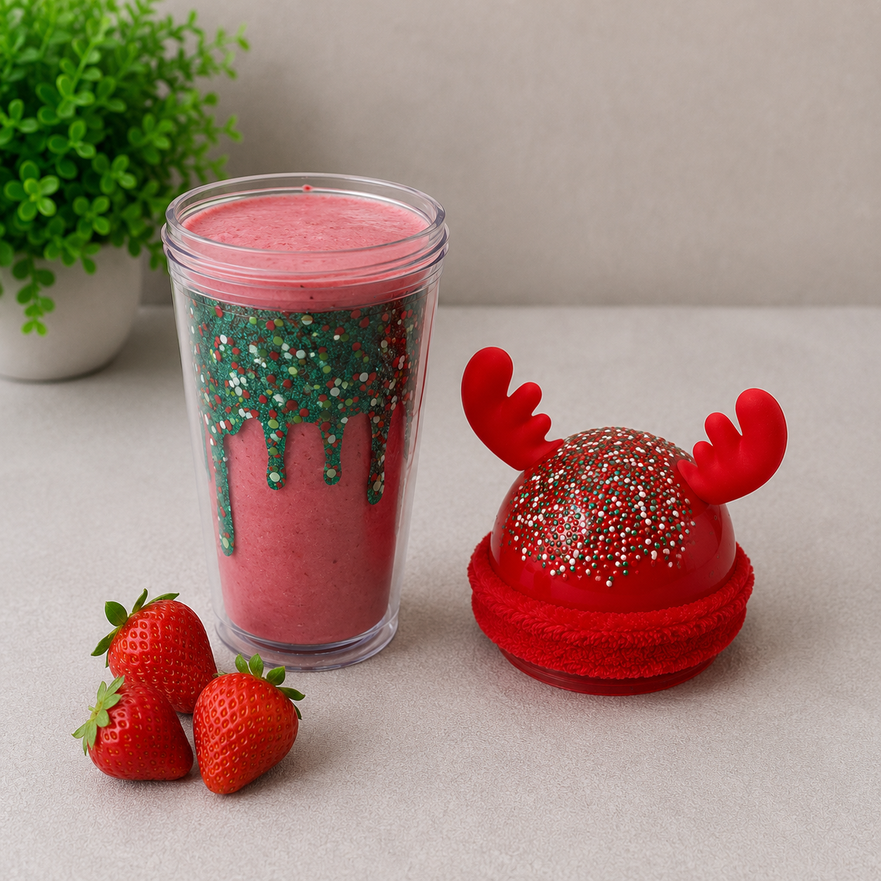 Red Plastic Sipper Bottle with Fun Dessert Lid (YM650)