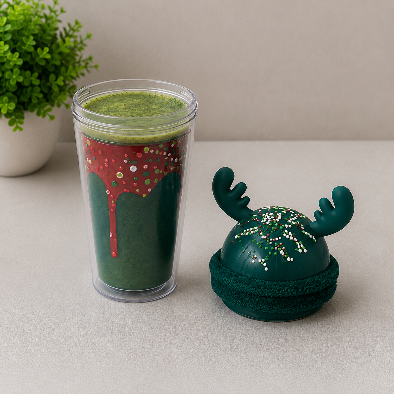 Green Plastic Sipper Bottle with Fun Dessert Lid (YM650)
