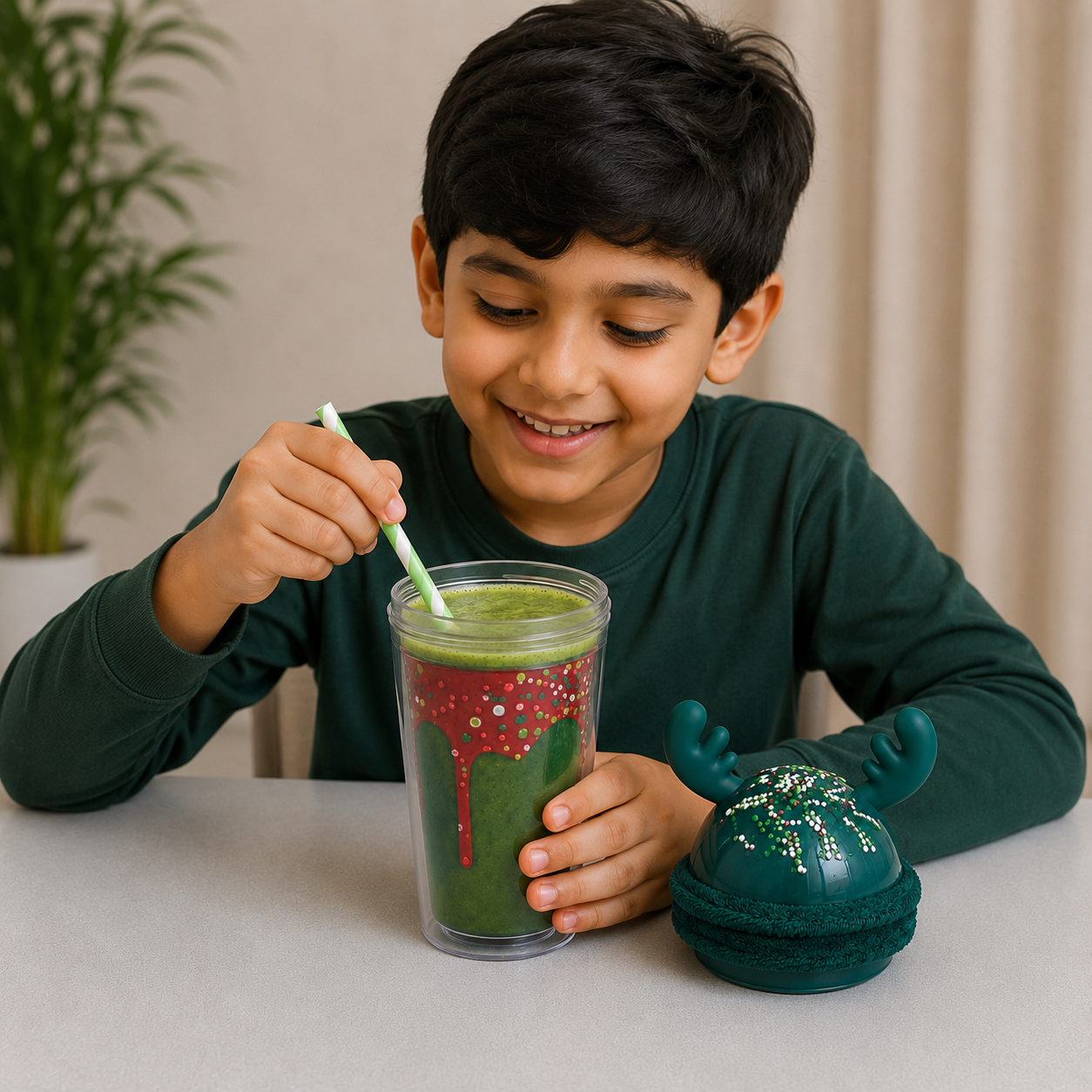 Green Plastic Sipper Bottle with Fun Dessert Lid (YM650)