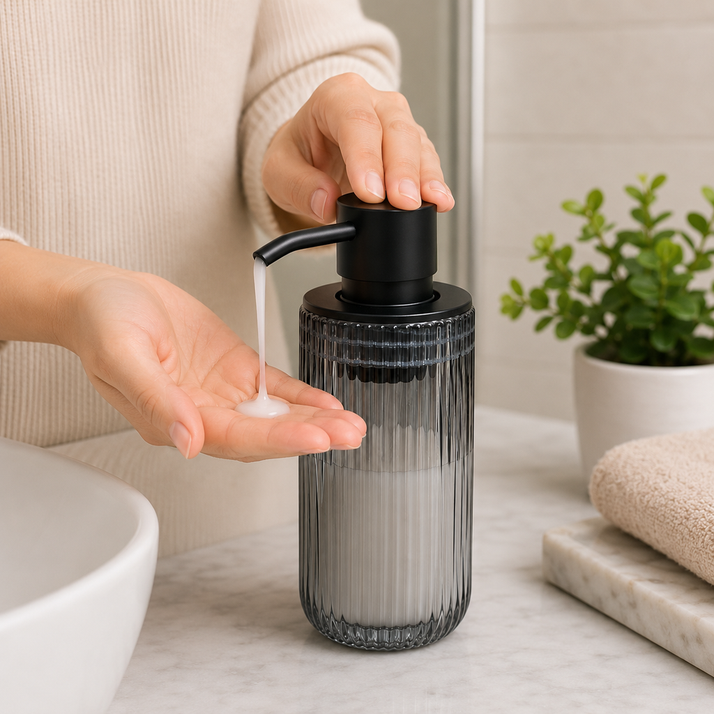 Ribbed Glass Soap Dispenser with Black Pump(YM2564)