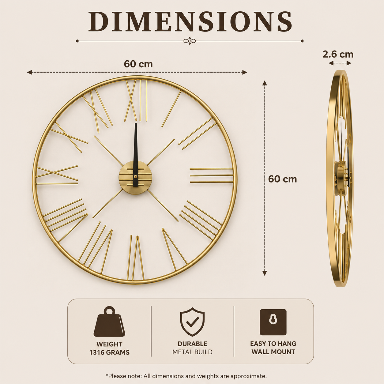 Gold Metal Roman Wall Clock (YM1094)