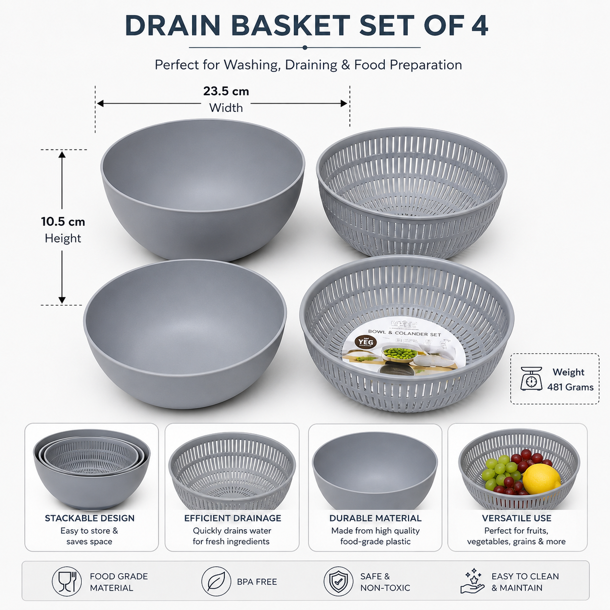 Grey Drain Basket Set of 4 (YM552)