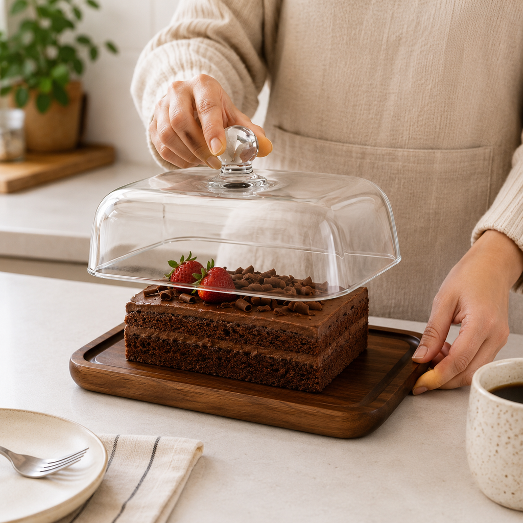 Glass Cloche Cake Stand with Wooden Base(YM2382)