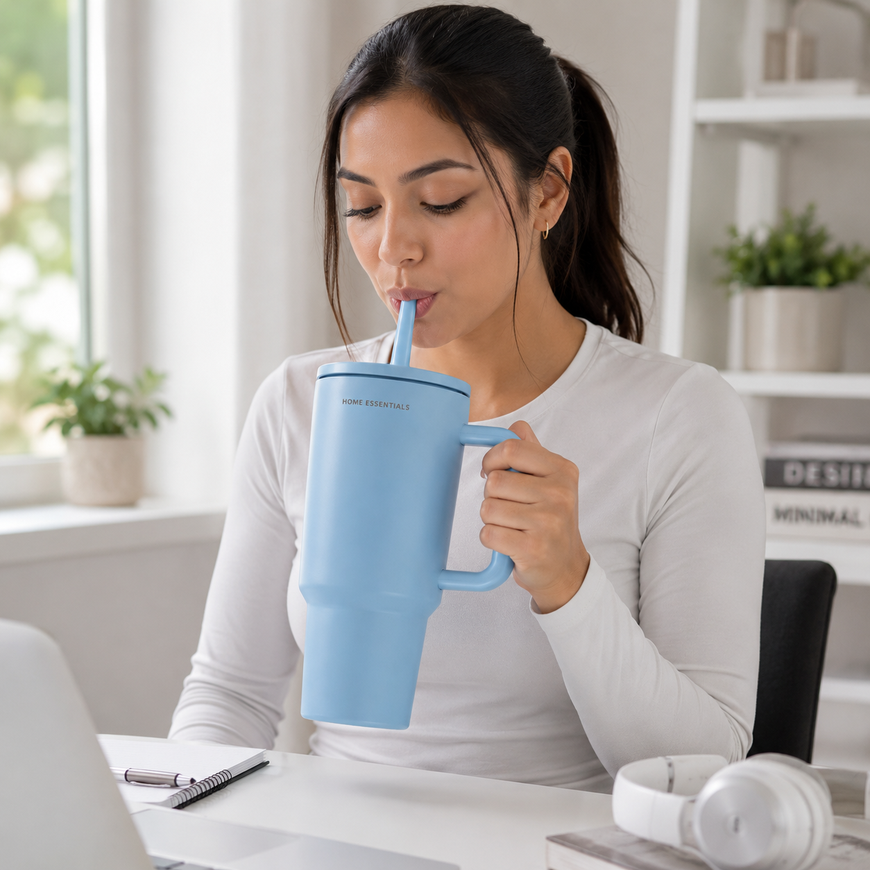 Premium Sky-Blue Insulated Travel Tumbler with Handle (YM040)
