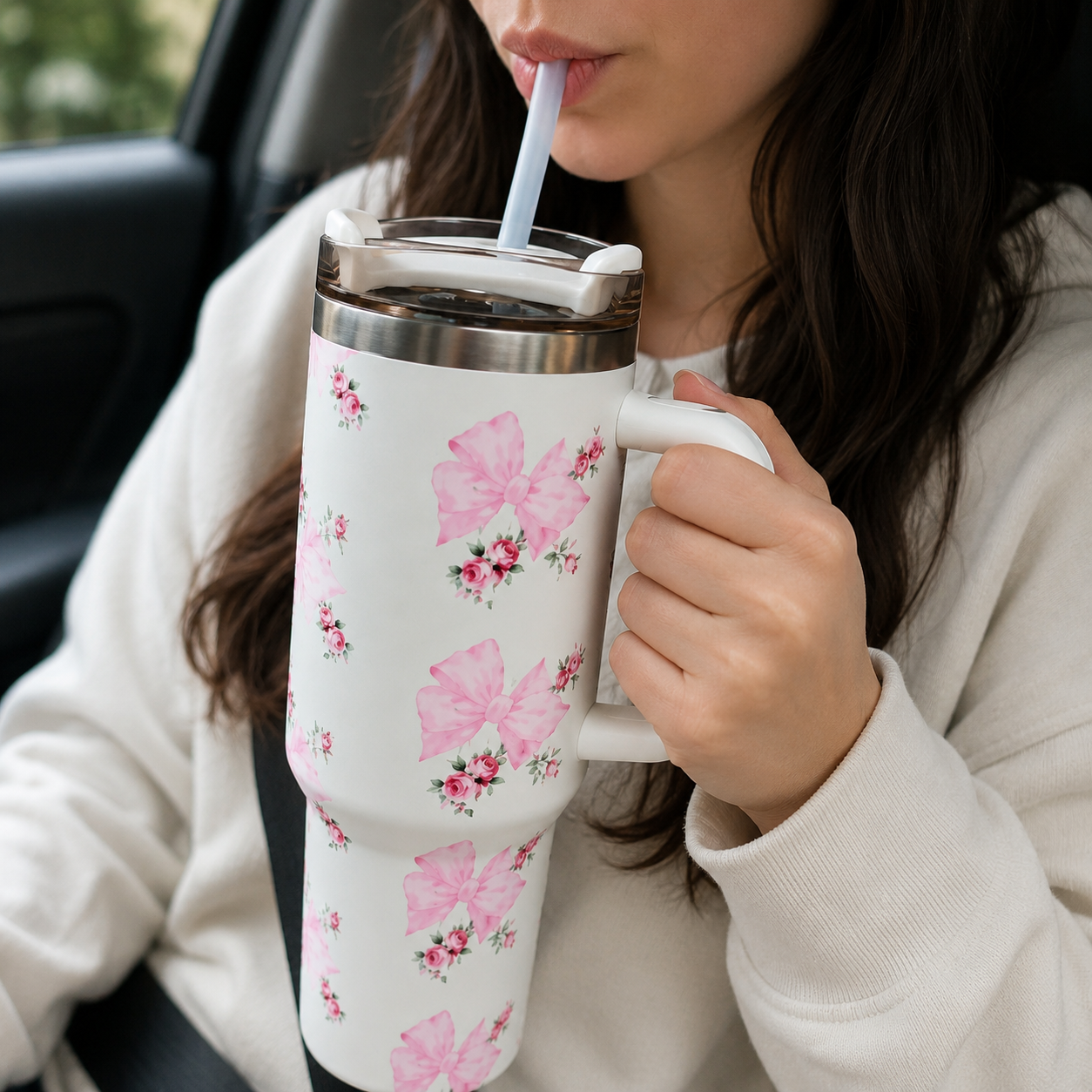 Cream Floral Stainless Steel Tumbler with Handle (YM2147)