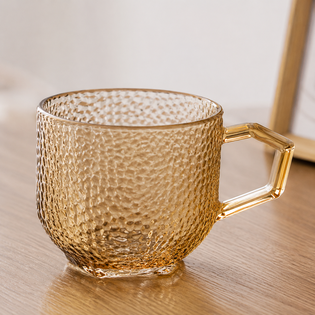 Smoky Gold Hammered Glass Mug with Geometric Handle (YM602)