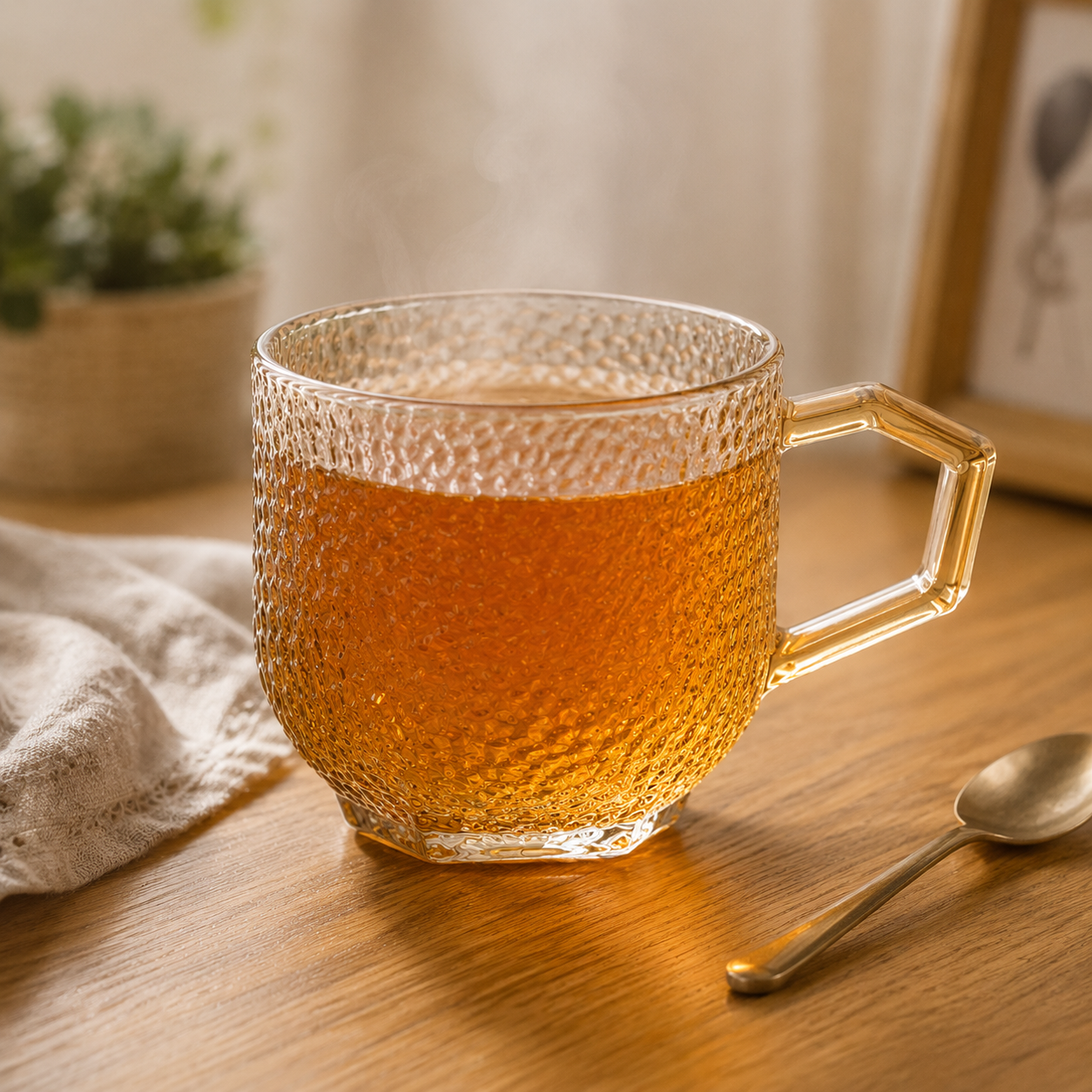 Smoky Gold Hammered Glass Mug with Geometric Handle (YM602)