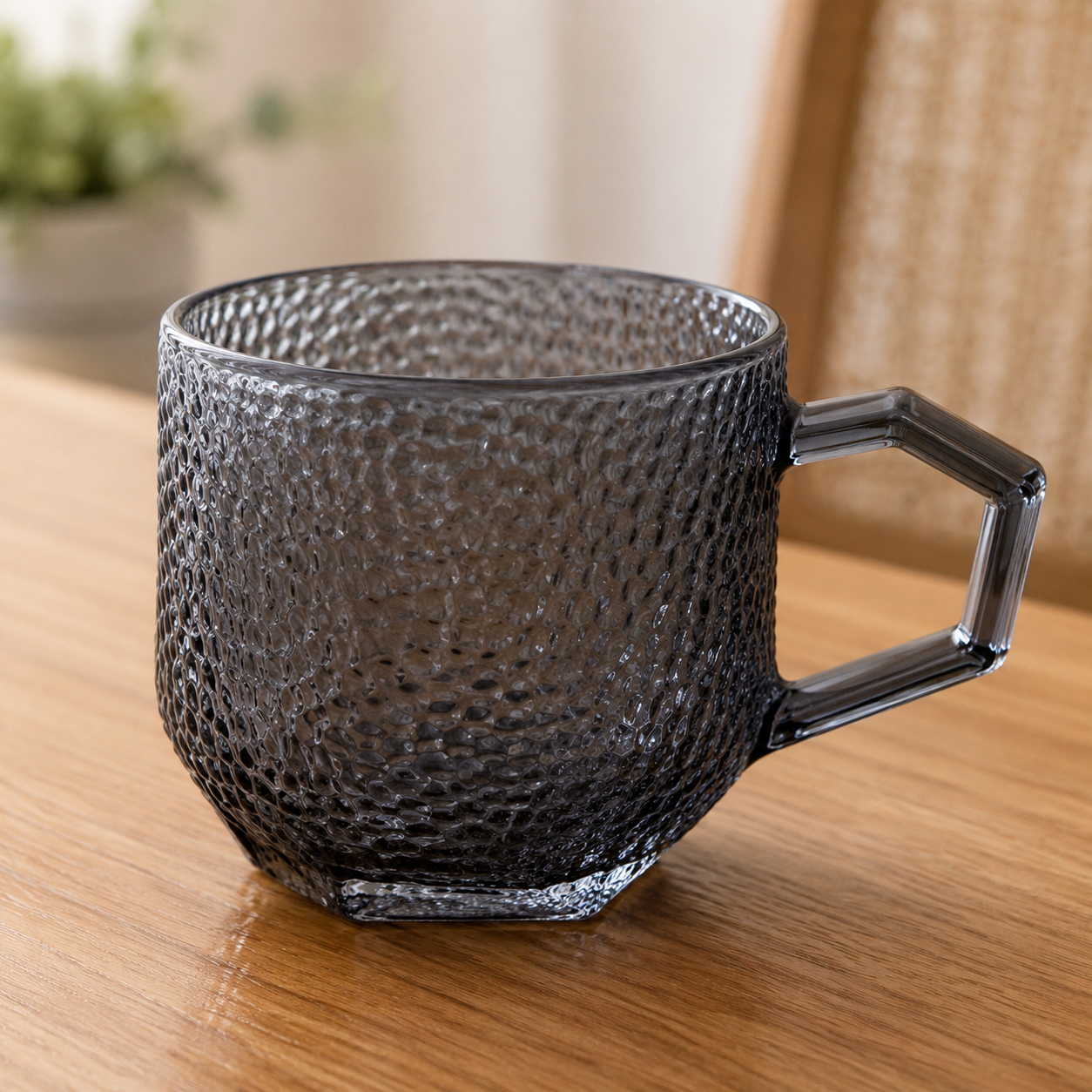 Smoky Gray Hammered Glass Mug with Geometric Handle (YM602)