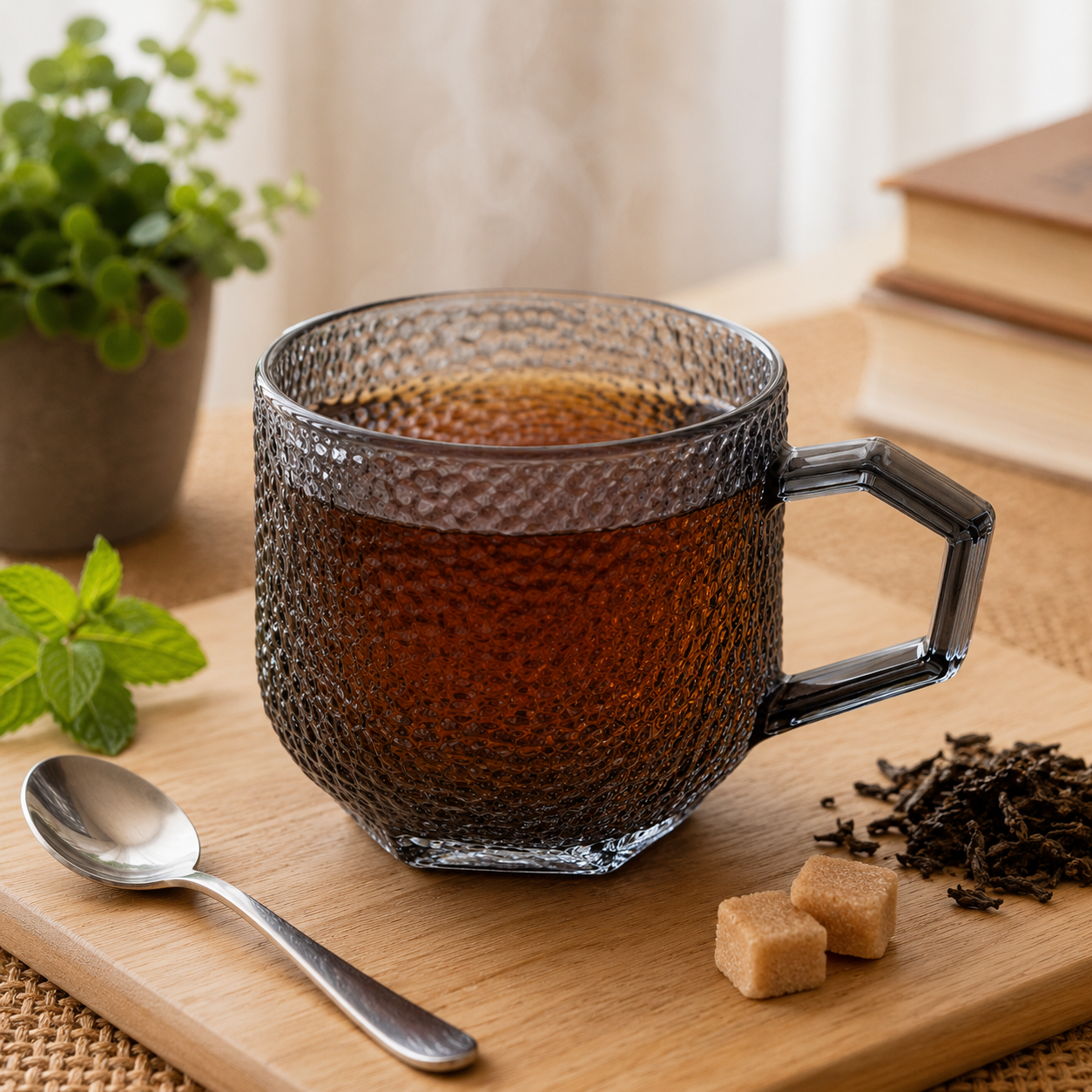Smoky Gold Hammered Glass Mug with Geometric Handle (YM602)