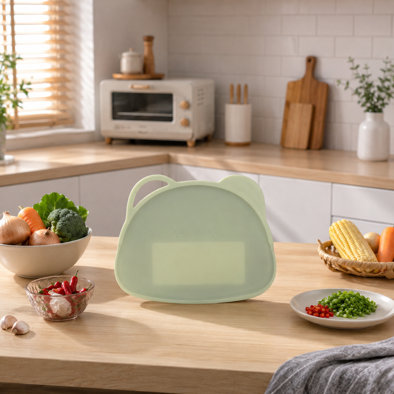 Bear-Shaped Silicone Suction Chopping Board - Sage Green (YM1371)