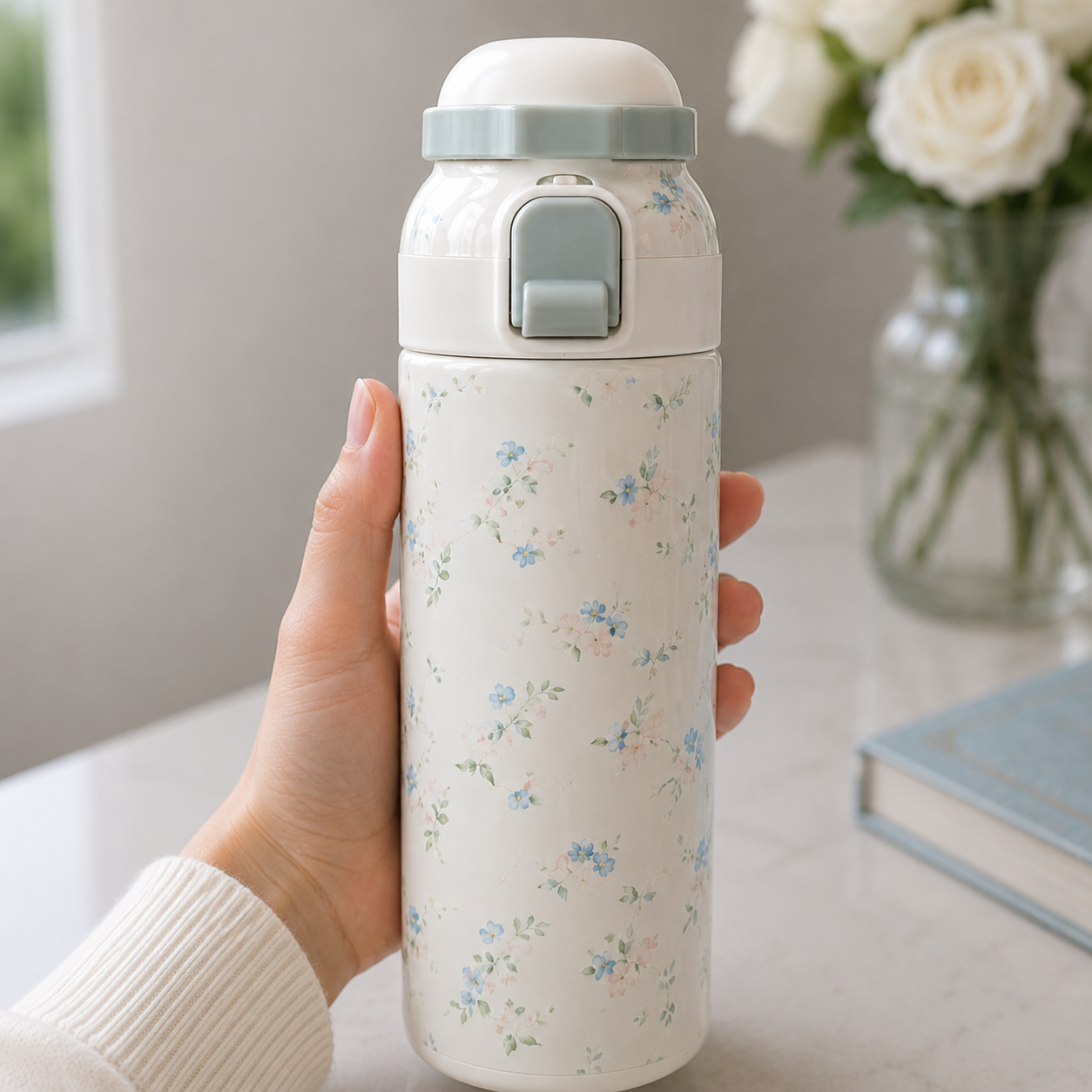 Cream Floral Insulated Water Bottle (YM1622)