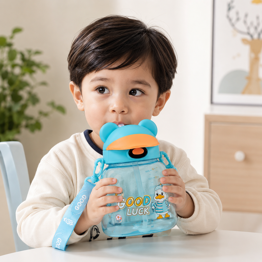 Kids Cute Duck Straw Sipper Bottle - Light Blue (YM507)