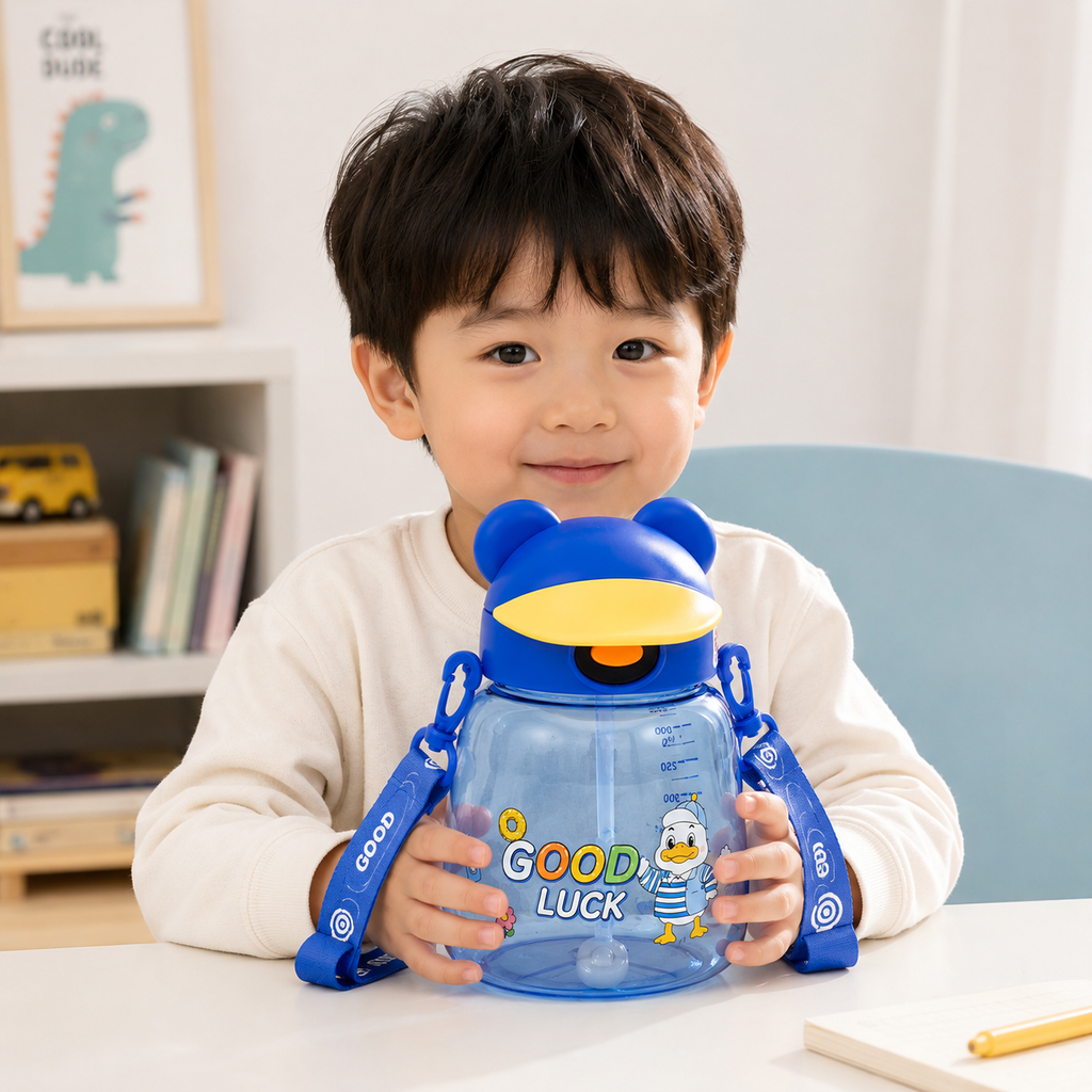 Kids Cute Duck Straw Sipper Bottle - Blue (YM507)