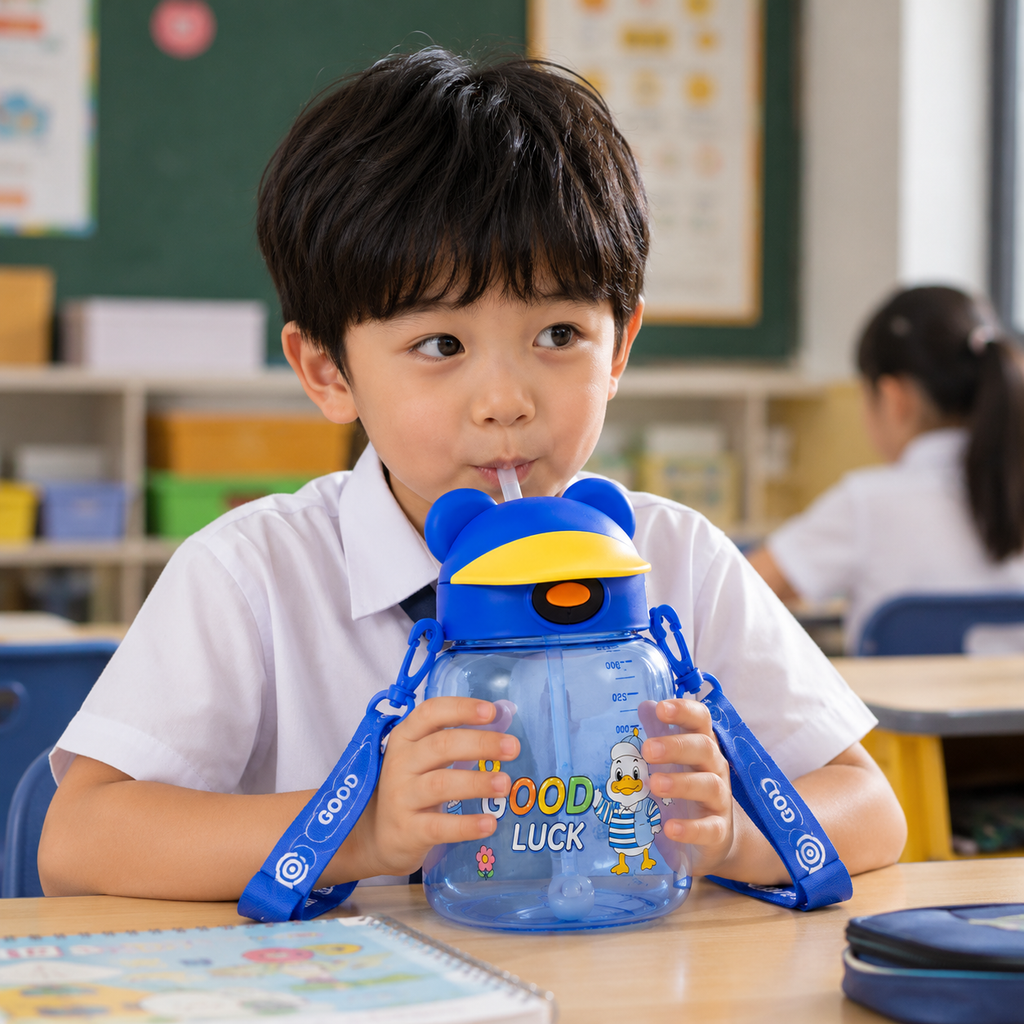 Kids Cute Duck Straw Sipper Bottle - Blue (YM507)