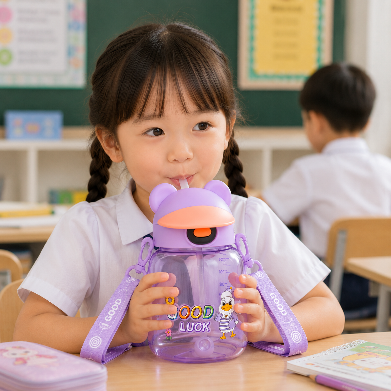Kids Cute Duck Straw Sipper Bottle - Lavender (YM507)