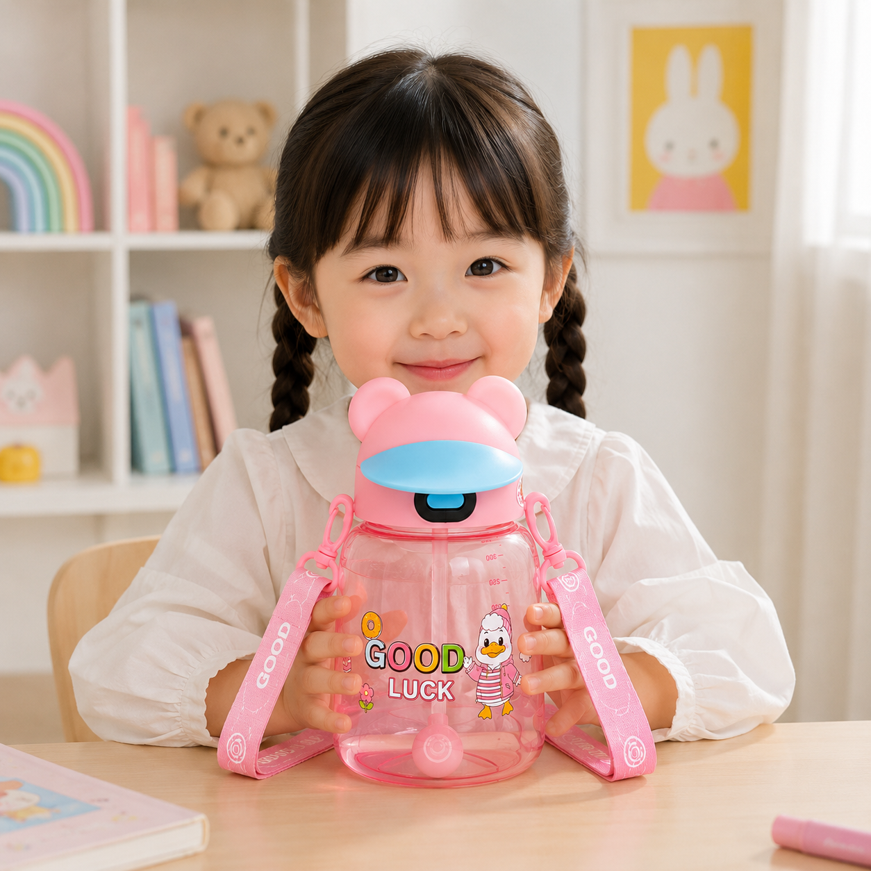Kids Cute Duck Straw Sipper Bottle - Pink (YM507)