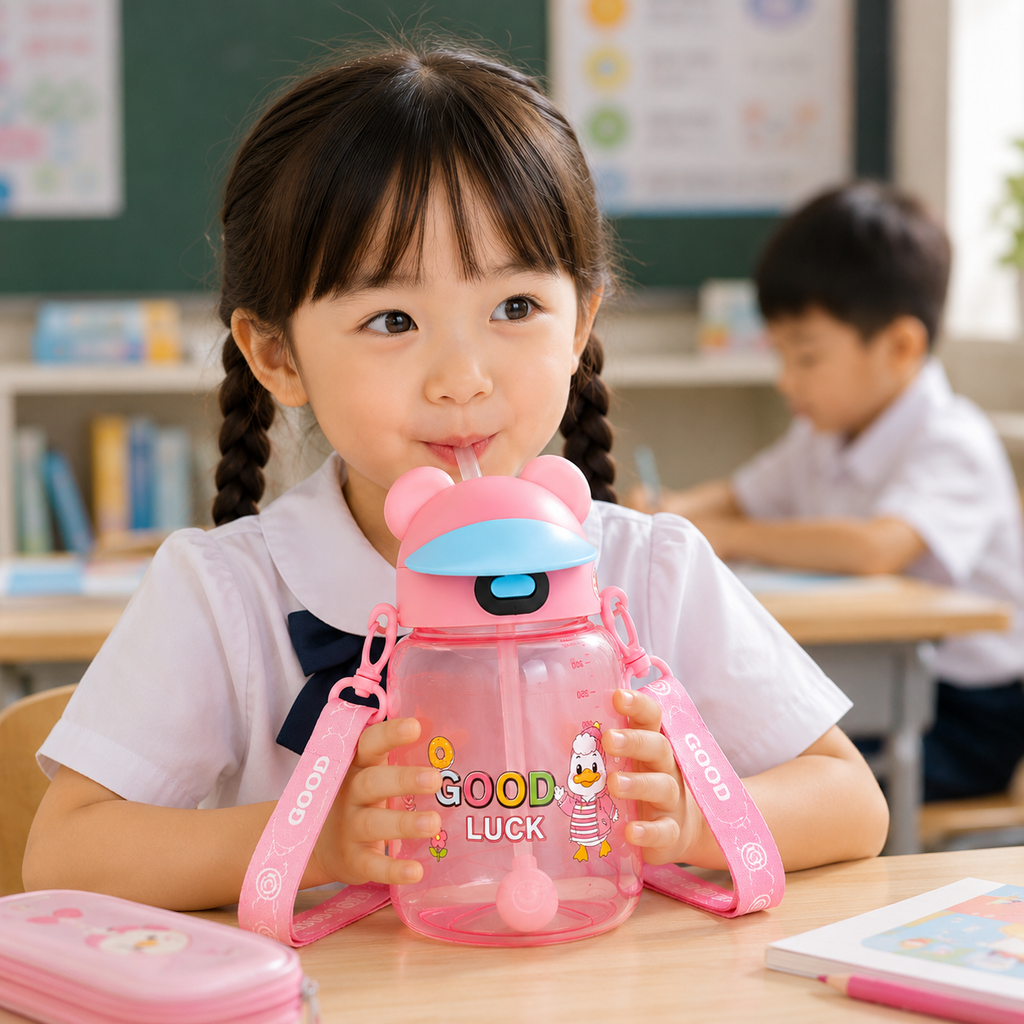 Kids Cute Duck Straw Sipper Bottle - Pink (YM507)