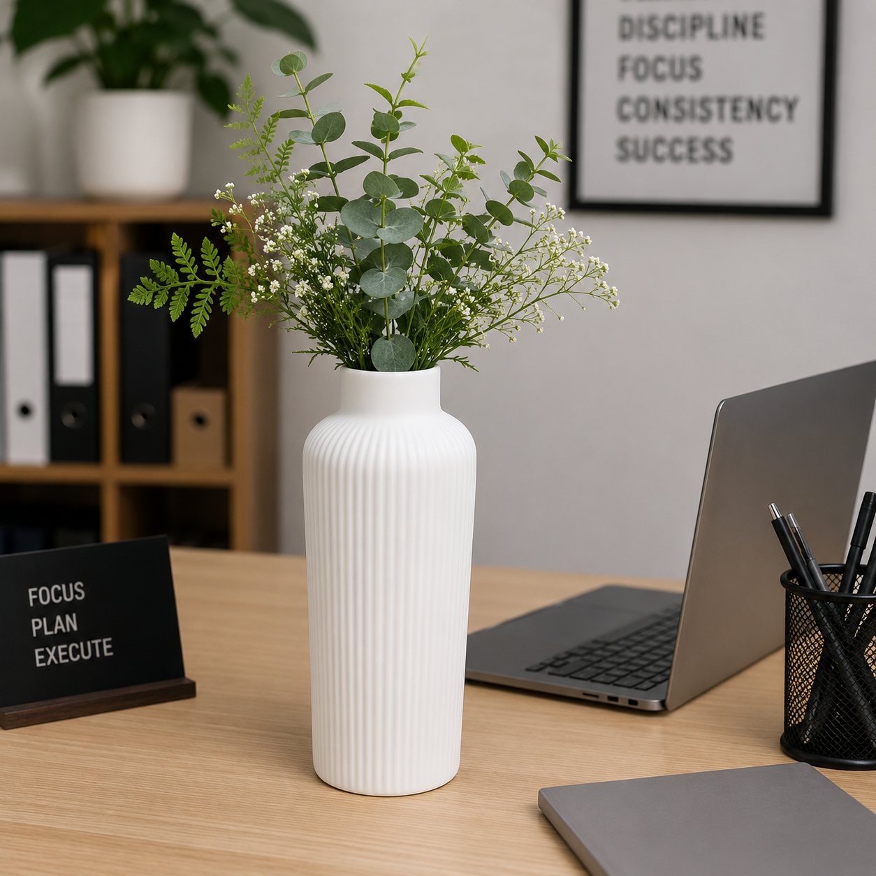 Ribbed Ceramic Decorative Vase - White (YM1110)