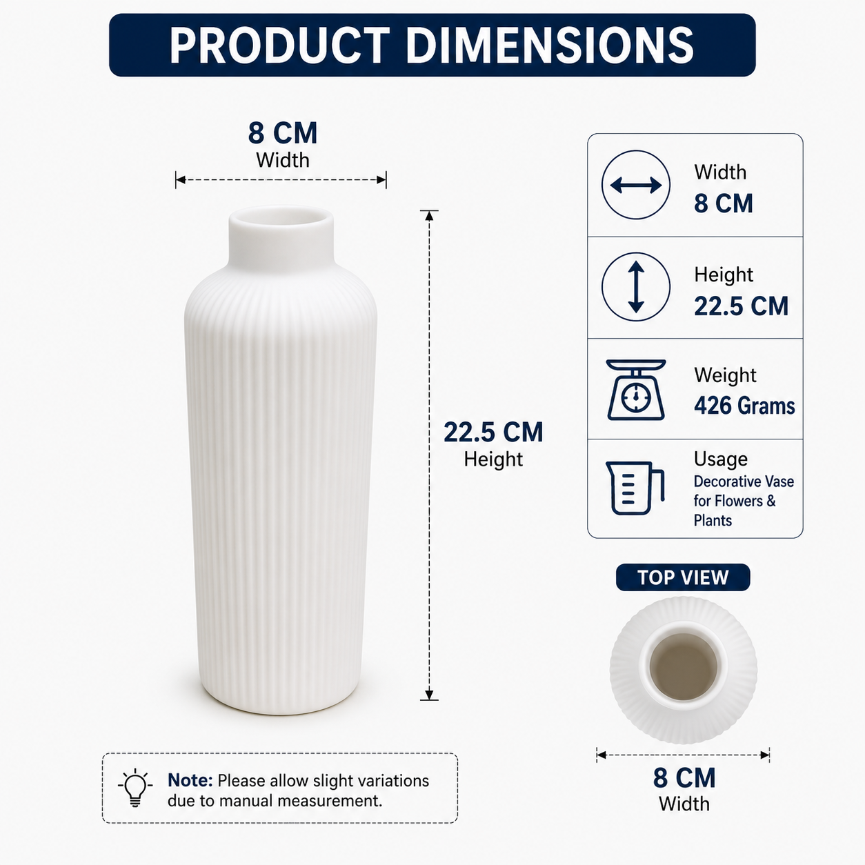 Ribbed Ceramic Decorative Vase - White (YM1110)
