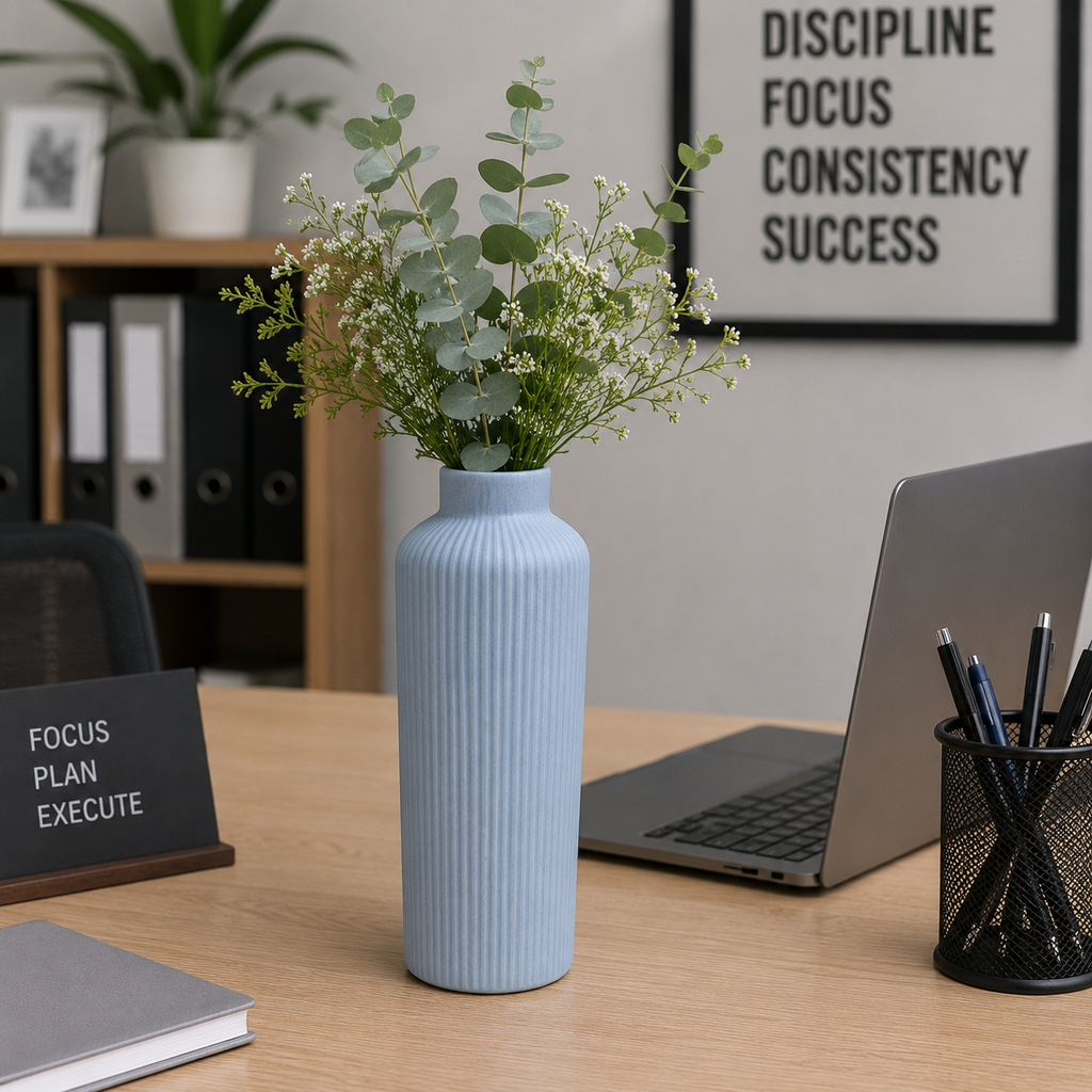 Ribbed Ceramic Decorative Vase - Grey (YM1110)