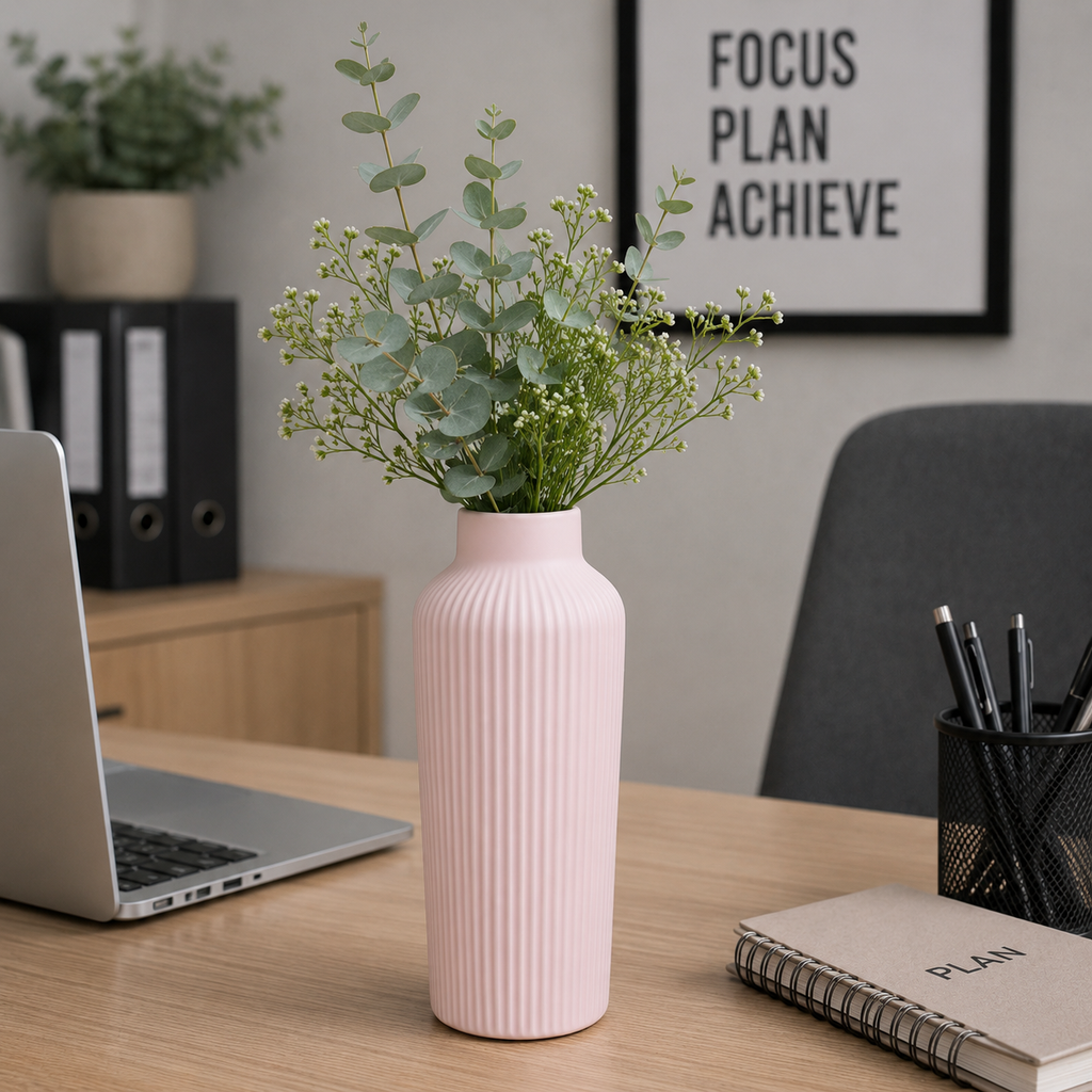 Ribbed Ceramic Decorative Vase - Beige with Pink touch (YM1110)