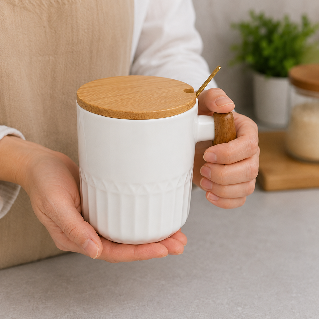 Ceramic Coffee Mug White with Spoon (YM1757)