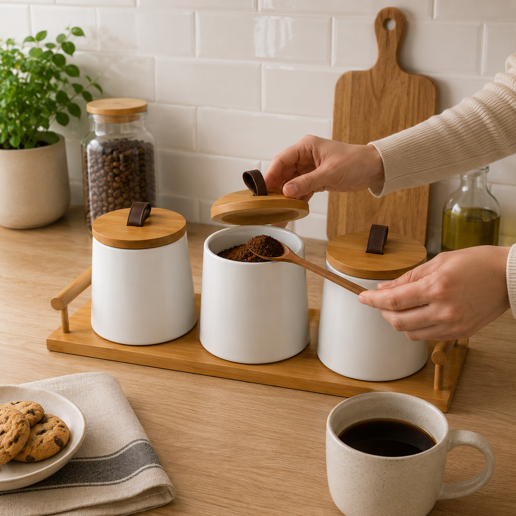 White Ceramic Tea Coffee Sugar Jar Set (YM1293)