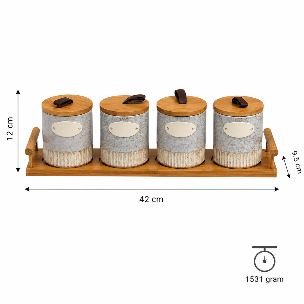 Grey Ceramic Seasoning Jar Set with Wooden Tray - Set of 4 (YM1297)
