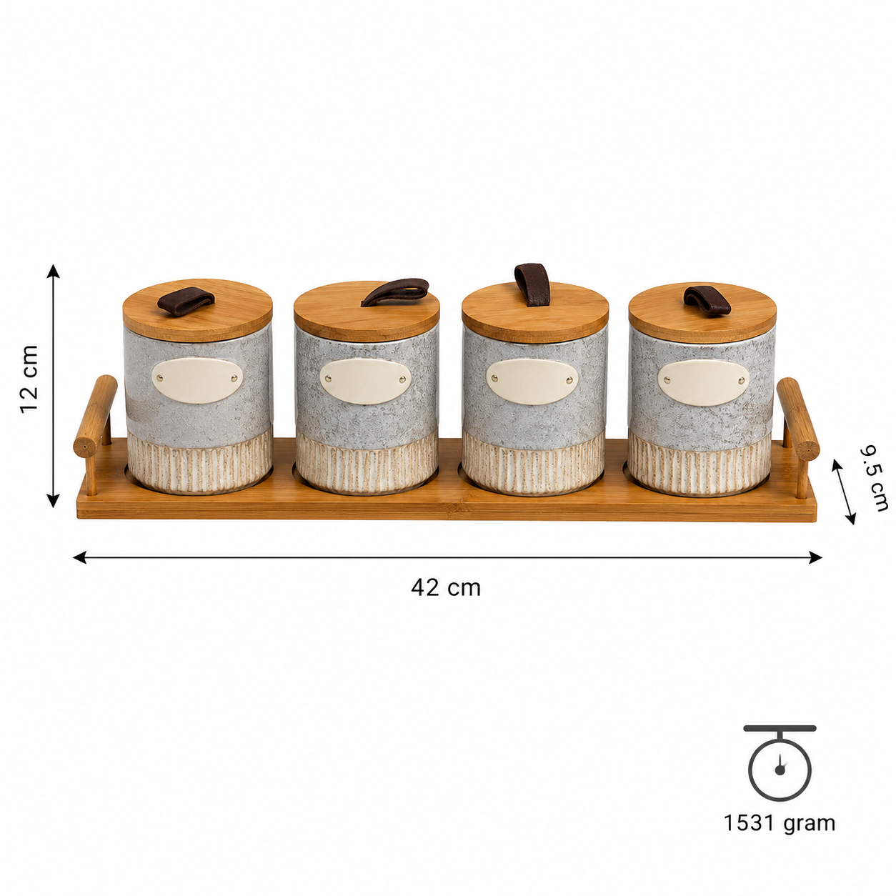 Grey Ceramic Seasoning Jar Set with Wooden Tray - Set of 4 (YM1297)