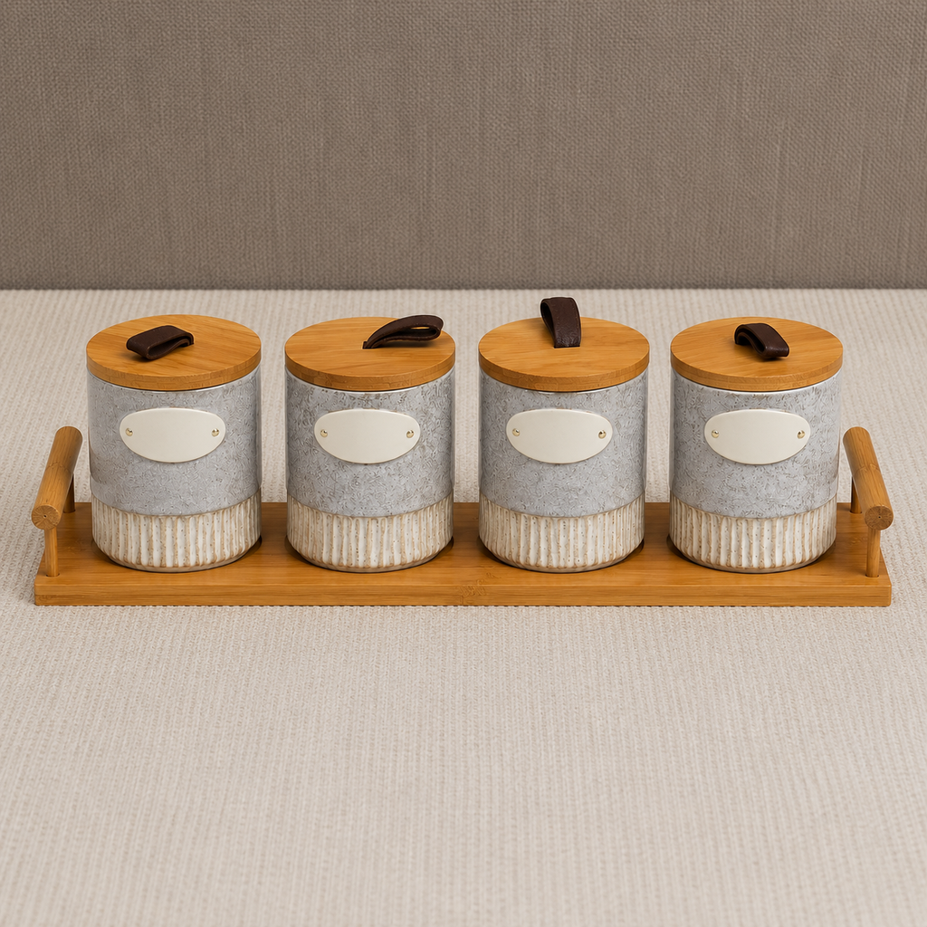 Grey Ceramic Seasoning Jar Set with Wooden Tray - Set of 4 (YM1297)