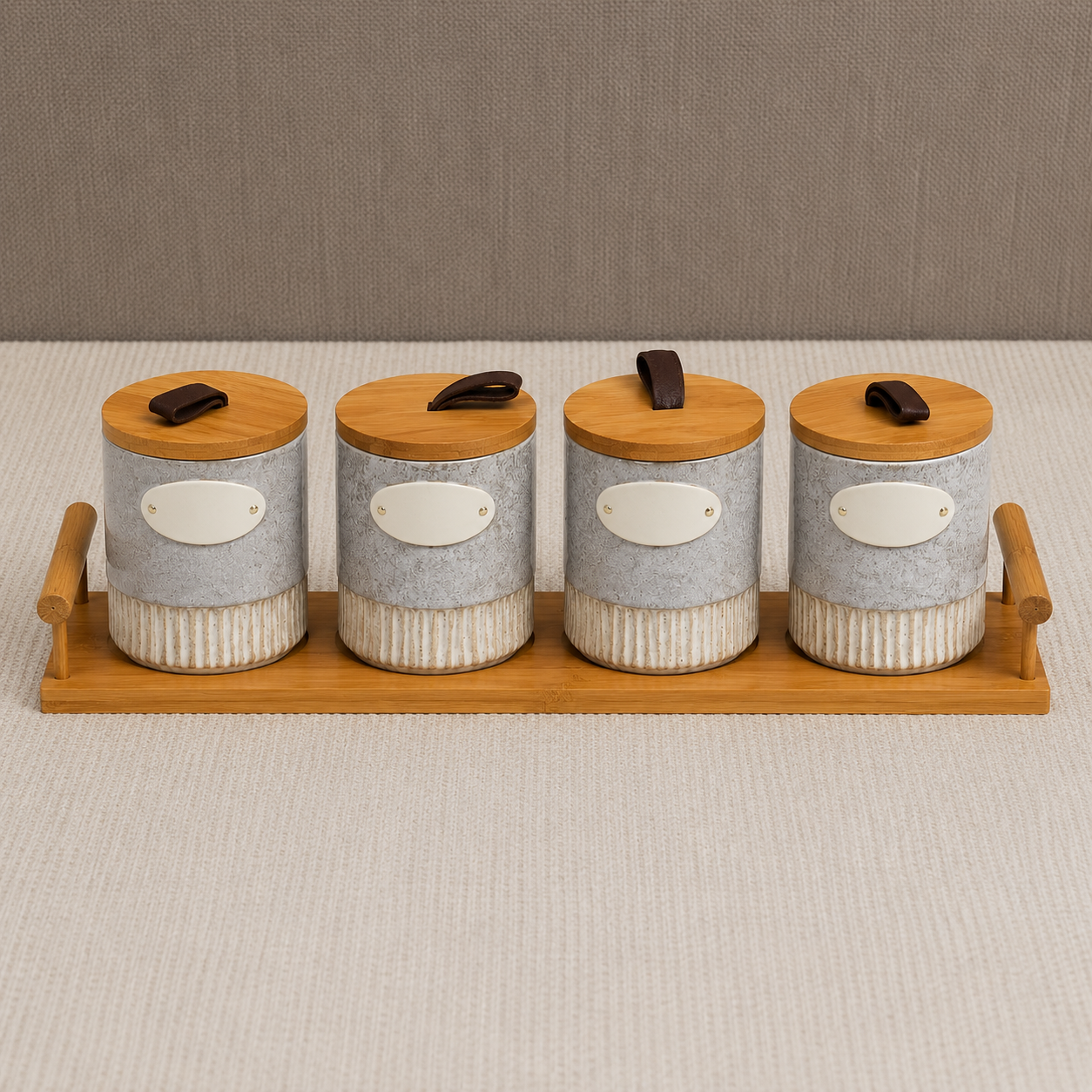 Grey Ceramic Seasoning Jar Set with Wooden Tray - Set of 4 (YM1297)