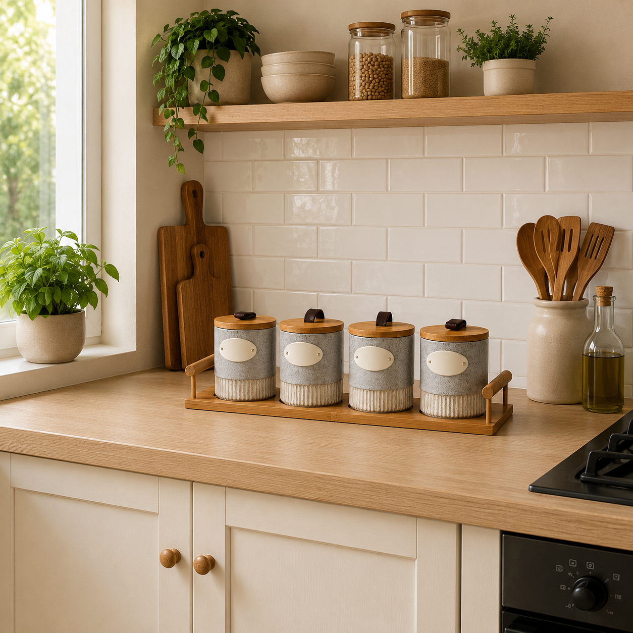 Grey Ceramic Seasoning Jar Set with Wooden Tray - Set of 4 (YM1297)