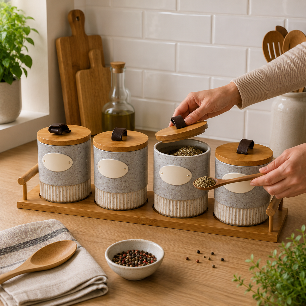 Grey Ceramic Seasoning Jar Set with Wooden Tray - Set of 4 (YM1297)