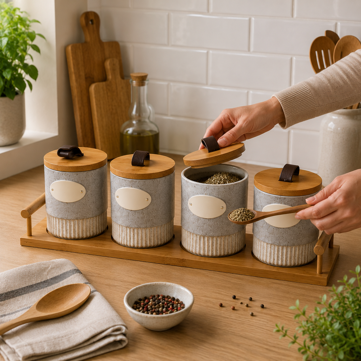 Grey Ceramic Seasoning Jar Set with Wooden Tray - Set of 4 (YM1297)