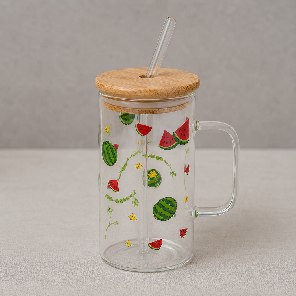Glass Tumbler with Bamboo Lid and Straw - Transparent Handle (YM1753)
