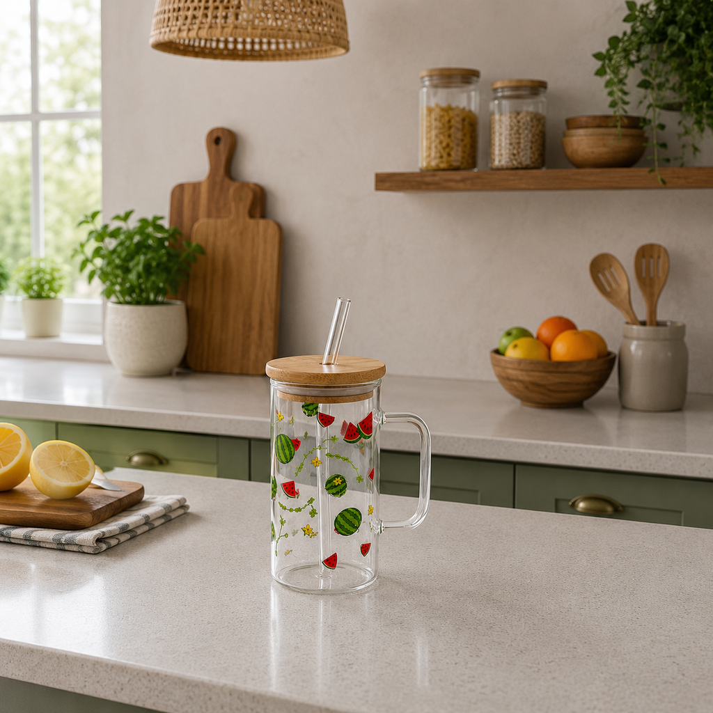Glass Tumbler with Bamboo Lid and Straw - Transparent Handle (YM1753)